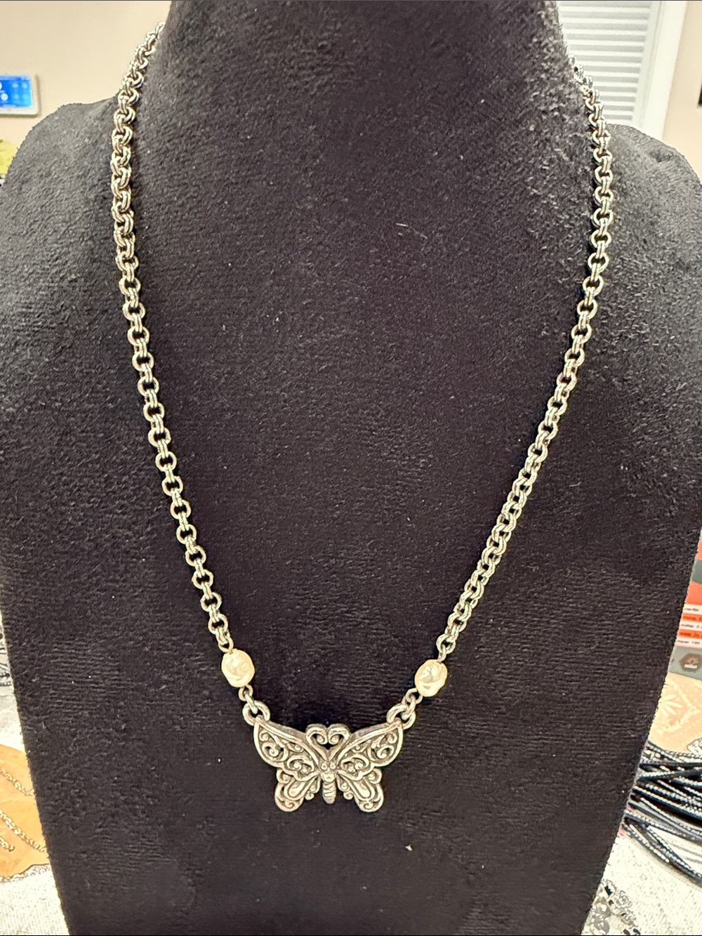 Brighton Retired Silver Filigree Butterfly Necklace with Cream Pearls